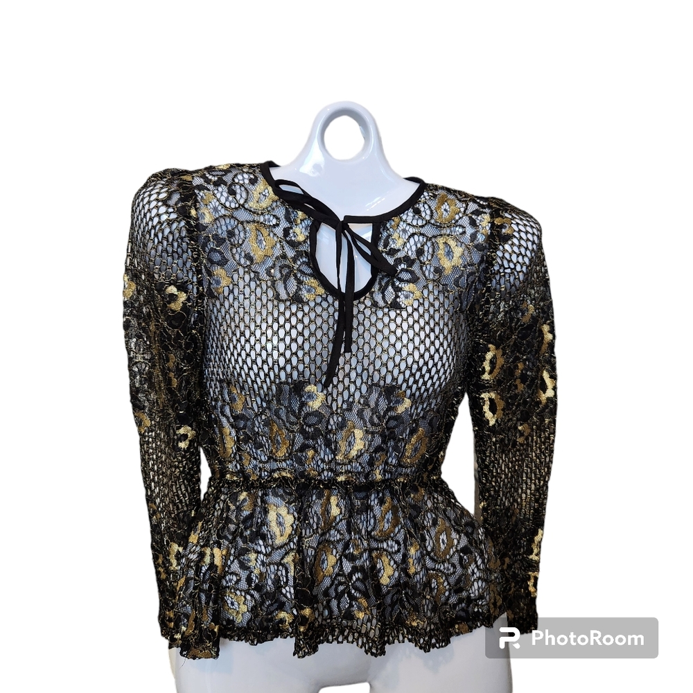 Misguided Women's Black & Metallic Gold Lace Hi-low Sparkly Dressy Blouse XS